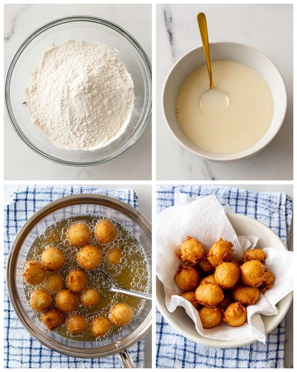 Four images show the process of making fried batter balls on a white marbled surface. The first layer is a clear glass bowl filled with white dry flour, seen from above. The second layer shows the same bowl with a smooth, pale batter mixture, and a golden spoon resting inside it. The third layer shows small golden brown batter balls frying in hot oil within a clear glass pot, bubbles rising around the balls, with a metal cooking tool partially visible. The last layer presents a pile of golden, crispy fried batter balls on white paper towels in a white bowl, placed on a blue and white checked cloth. Photo taken with an iphone --ar 4:5 --v 7