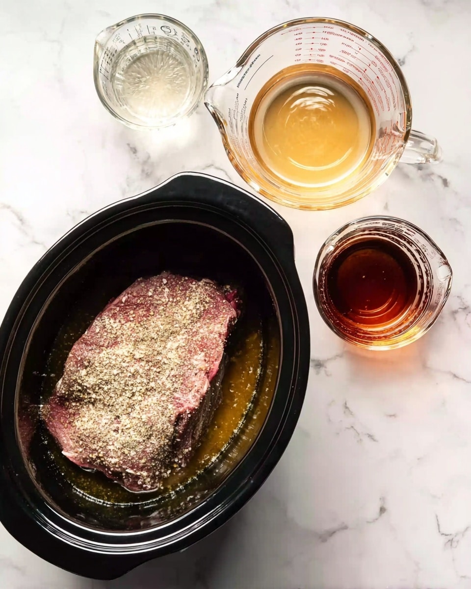 A black slow cooker filled with a large piece of raw meat covered in light-colored seasoning, resting on a shiny thin layer of oil or juice inside the cooker. Surrounding the slow cooker on a white marbled surface are three clear glass measuring cups: one filled with a clear liquid, one with a dark amber liquid, and a smaller one with a clear liquid. The setup suggests ingredients prepared for cooking. Photo taken with an iphone --ar 4:5 --v 7