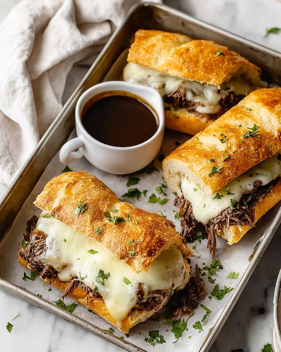 The image shows four small sandwiches filled with shredded dark brown meat and topped with melted white cheese, all inside crispy golden-brown bread rolls. The sandwiches sit inside a metal tray with some chopped green herbs sprinkled around them for garnish. In the middle of the tray, there is a small white ceramic cup filled with dark brown sauce. The background is a white marbled surface with a soft white cloth visible in the upper left corner. photo taken with an iphone --ar 4:5 --v 7