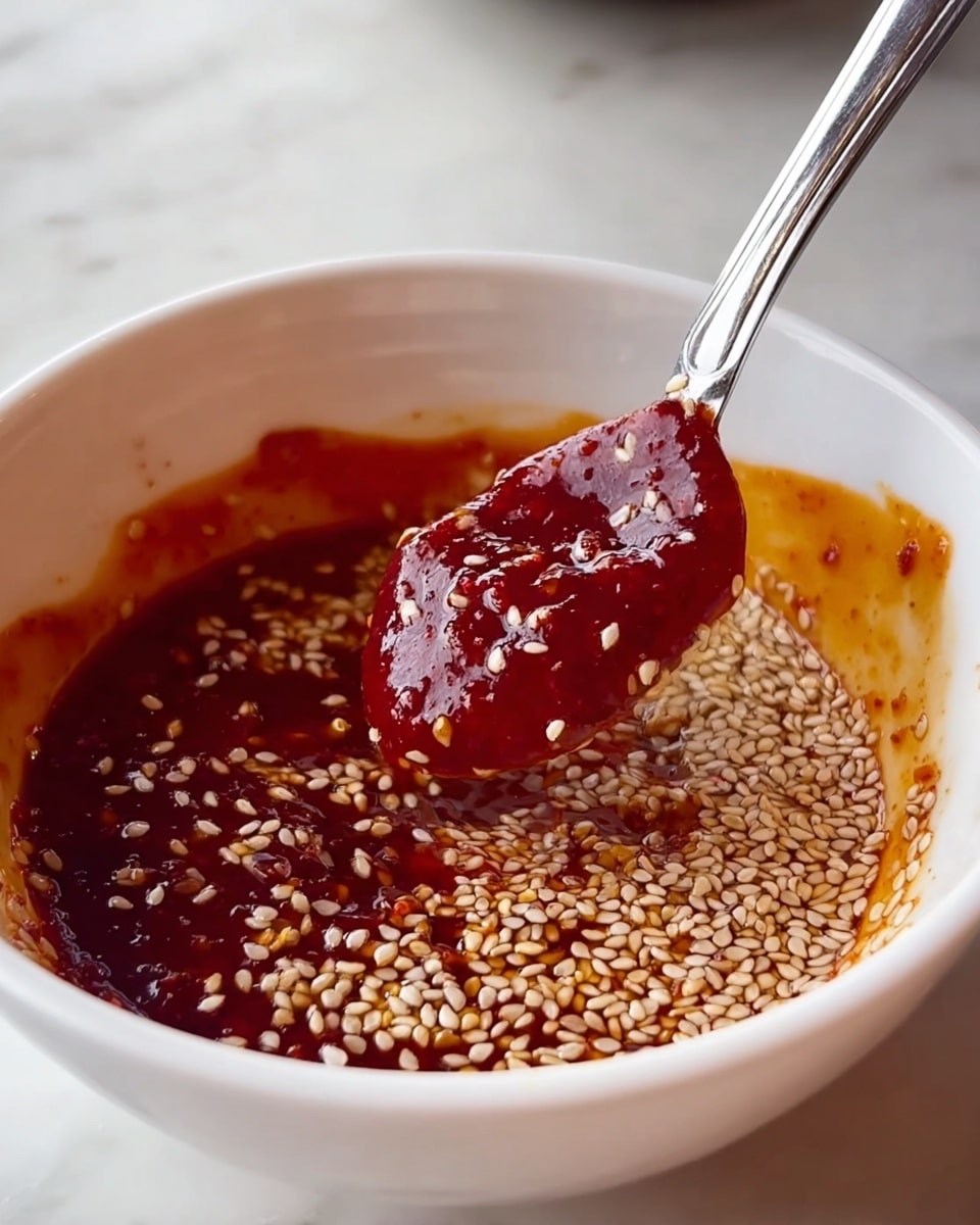 A close-up view of a white bowl shows deep red sauce mixed with a light brown liquid, topped with many white sesame seeds. A silver spoon inside the bowl lifts some thick red sauce, creating a contrast against the lighter sauce in the bowl. The white marbled surface is seen faintly in the background. photo taken with an iphone --ar 4:5 --v 7