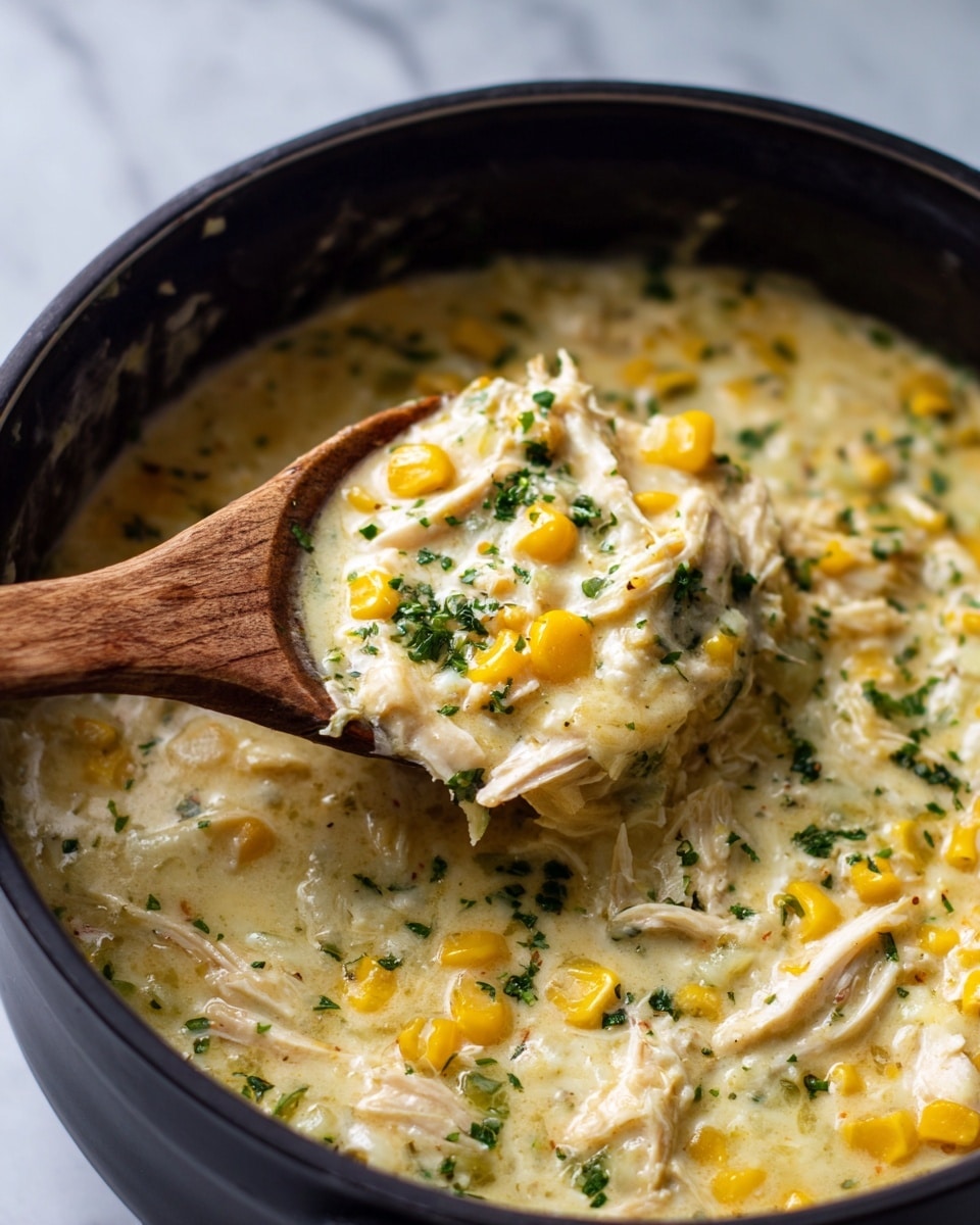 This image shows a close-up of a thick soup or stew in a black pot, with a wooden spoon scooping up a portion. The dish has three main layers: a creamy light yellow base with a smooth and slightly chunky texture, bright yellow corn kernels scattered throughout, and shredded pale white pieces of chicken mixed in. Small green herbs are sprinkled on top, adding color contrast. The photo is shot on a white marbled surface, emphasizing the warm tones of the dish. photo taken with an iphone --ar 4:5 --v 7