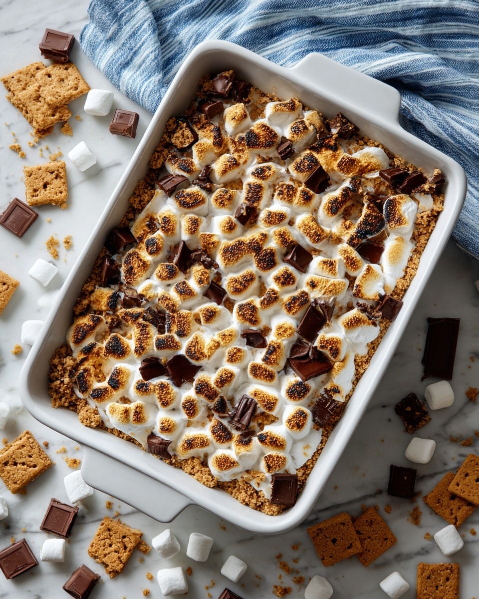A white dish holds a single thick layer of dark brown baked chocolate base with a slightly cracked texture on top. Scattered unevenly across the top are broken pieces of light brown graham crackers, square and rectangular in shape, with small holes in them. Mixed among the crackers are small chunks and squares of dark chocolate, some with visible embossed text. The dish is placed on a white marbled surface. photo taken with an iphone --ar 4:5 --v 7
