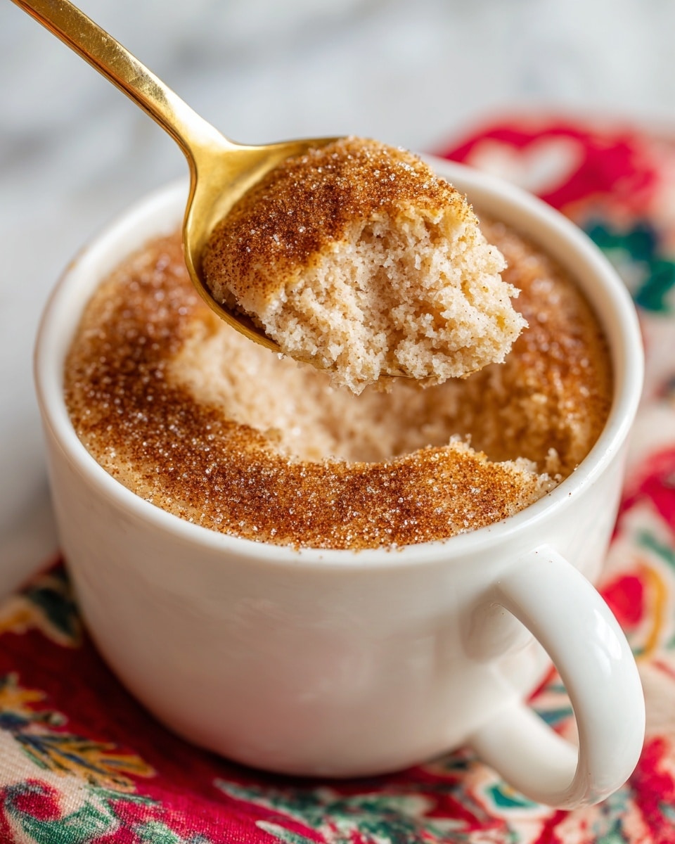 A white mug filled with a light brown, soft cake topped with a layer of cinnamon sugar, showing granules of sugar and cinnamon spices on top. A golden spoon holds a scoop of the cake above the mug, revealing the fluffy inside texture which is slightly crumbly and moist. The mug is placed on a colorful cloth with red, green, and white patterns, set on a white marbled surface. The focus is close up on the spoon and the mug, making the texture of the cake and spices clear and detailed. Photo taken with an iphone --ar 4:5 --v 7