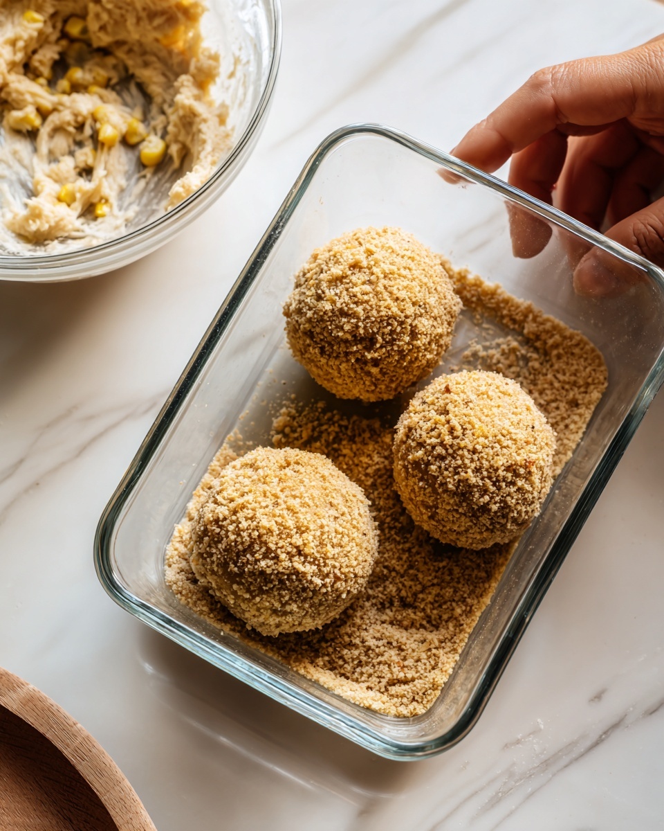 The image shows three round dough balls coated in light brown breadcrumbs placed inside a clear rectangular glass container on a white marbled surface. To the left, a clear glass bowl holds creamy dough with visible small bits of corn and green herbs. The dough balls have a rough texture from the coating and appear ready to be cooked or baked. A woman's hand is slightly visible in the top left corner, hinting at the preparation process. Photo taken with an iphone --ar 4:5 --v 7