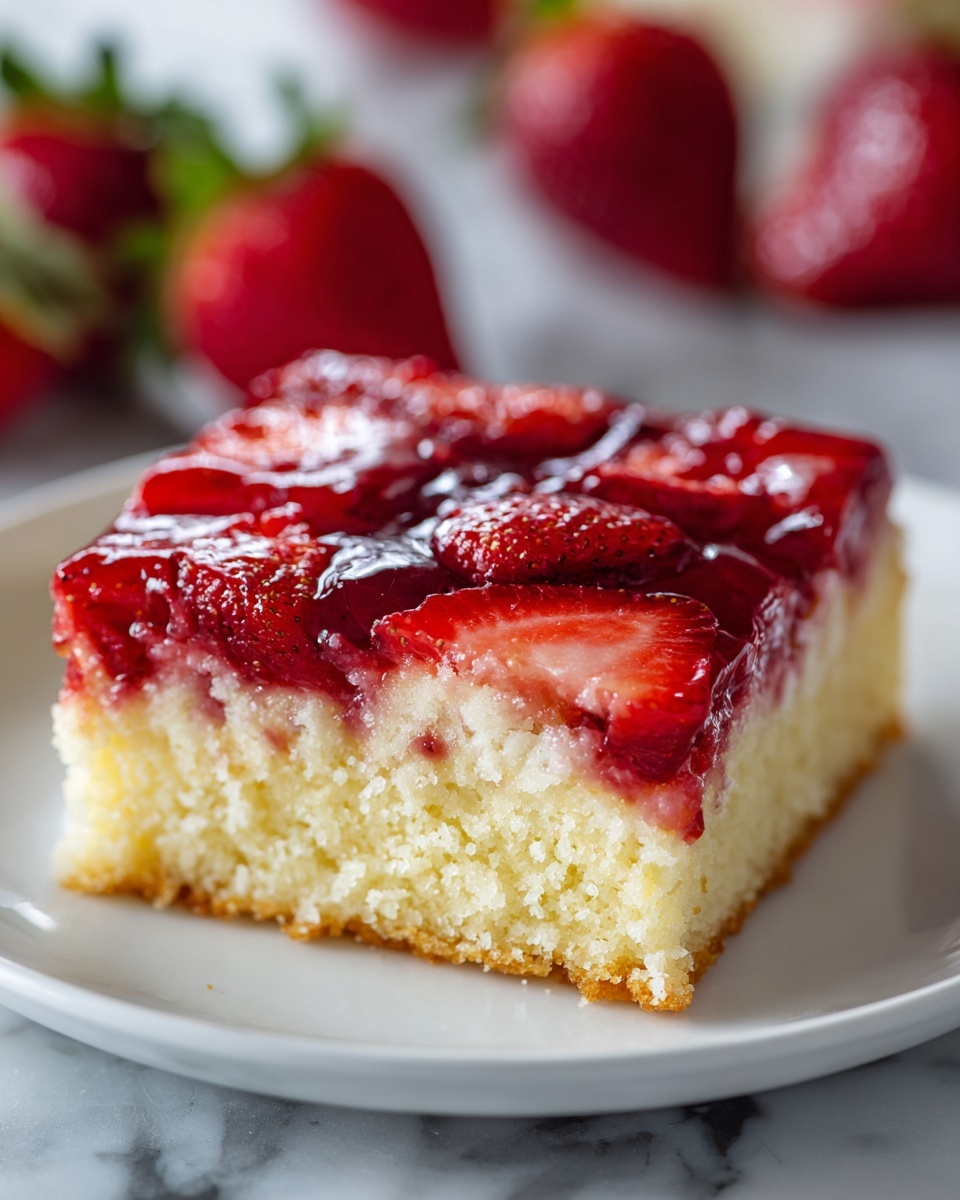 A close-up image of a square slice of strawberry dessert on a white plate, showing three layers: the bottom layer is a golden, soft cake, the middle layer is a thin pinkish filling, and the top layer is covered with glistening, sliced strawberries in a shiny red glaze. The background has a white marbled texture with some whole strawberries slightly out of focus. Photo taken with an iphone --ar 4:5 --v 7