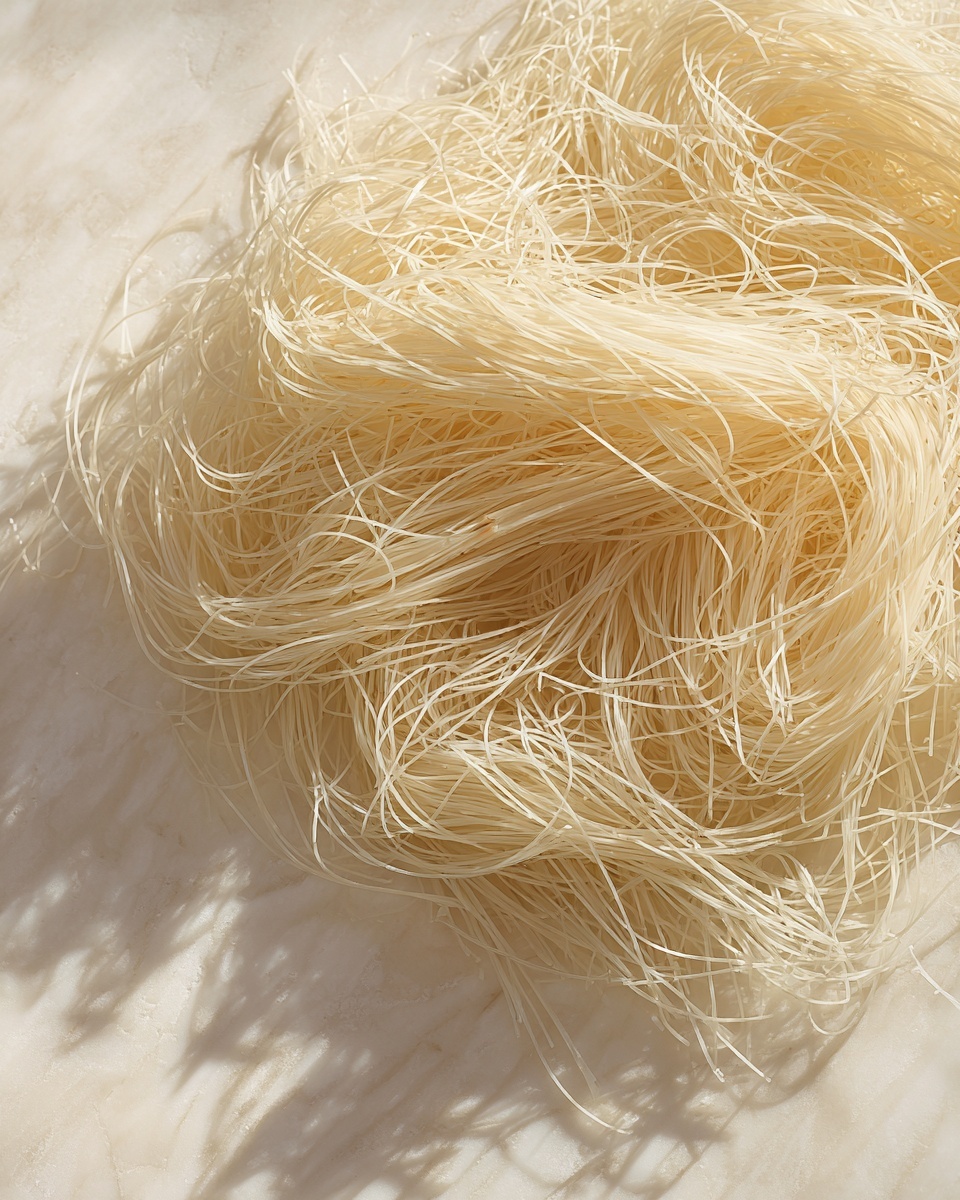 A close-up image of dry rice noodles laid out flat in a single large pile on a white marbled surface, showing thin, long, slightly translucent off-white strands with a smooth texture. The noodles are thin like sticks and stacked loosely together with some strands slightly bent upwards at the edges. The soft shadows highlight the noodles' delicate and smooth texture. photo taken with an iphone --ar 4:5 --v 7