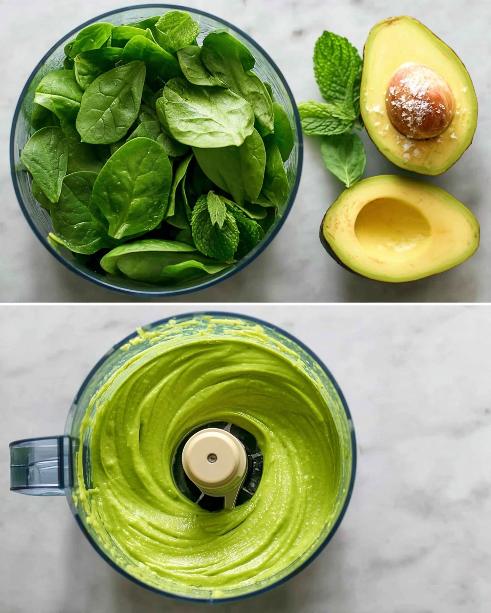 A clear food processor bowl is shown from above on a white marbled surface. The top image shows the bowl filled with fresh, bright green spinach leaves on the left side, two halved avocado pieces with smooth yellow-green flesh on the right, and some loose mint leaves scattered with a small pile of light salt sprinkled on top. The bottom image shows the same bowl filled with a thick, smooth, bright green sauce evenly spread around the blade in the center, with some sauce clinging to the sides of the bowl. Photo taken with an iphone --ar 4:5 --v 7