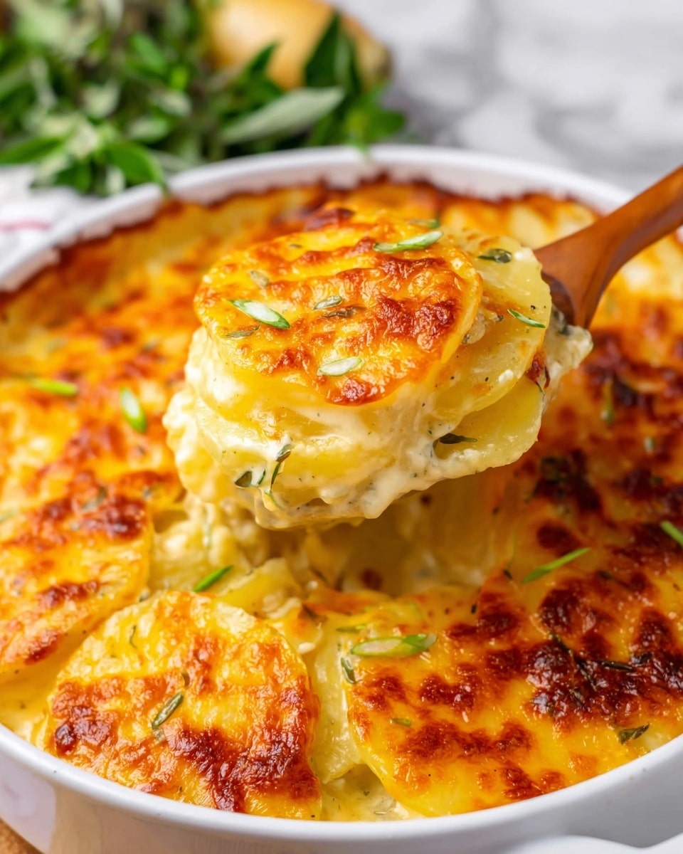 A large white dish filled with a layered baked potato gratin topped with melted golden brown cheese that is bubbly and slightly crisp on top. The layers inside show soft, creamy slices of pale yellow potatoes covered with a rich, cheesy sauce, sprinkled with bright green chopped scallions. A white and wooden spoon lifts a portion, showing the layers clearly with browned cheese on the surface and tender potatoes beneath. The dish sits on a white marbled surface with a fresh green herb garnish visible in the background. Photo taken with an iphone --ar 4:5 --v 7