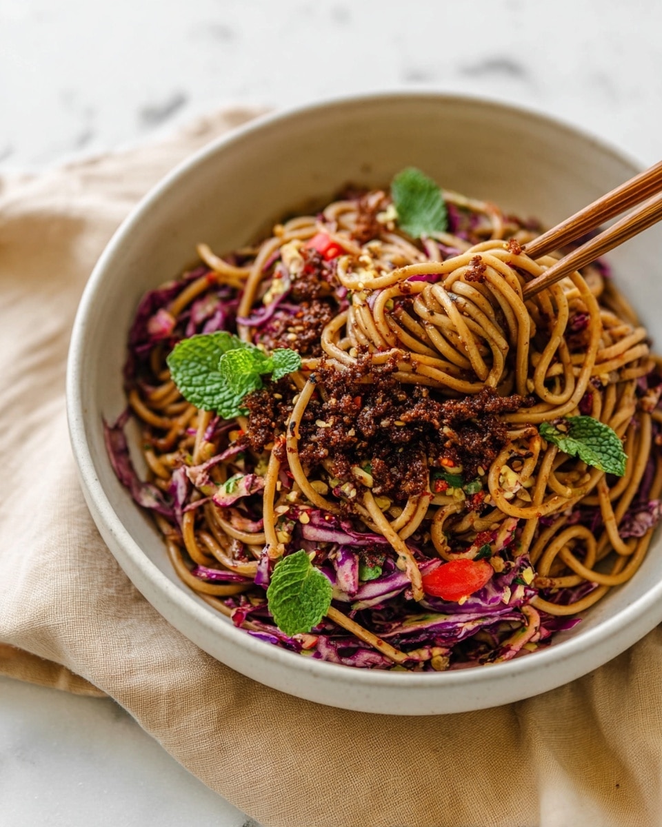 A white bowl holds a serving of brown noodles topped with crumbled dark brown bits and thin shredded purple cabbage mixed throughout. Around the edges of the noodles are bright green mint leaves and some small red pieces, possibly tomato or pepper. Chopsticks pick up some noodles with the top layers showing a mix of light and dark textures from the toppings. The bowl sits on a soft beige cloth over a white marbled surface. photo taken with an iphone --ar 4:5 --v 7