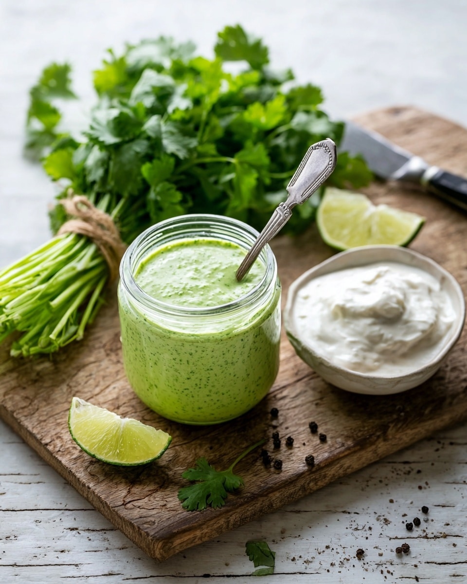 A wooden board placed on a white marbled surface holds a bunch of fresh green cilantro tied with a string on the left side next to two lime wedges. At the center is a small clear glass jar filled with smooth, light green sauce with visible tiny herb bits, and a silver spoon is inside the jar. On the right side, there is a small white bowl containing a creamy white sauce, with some scattered black pepper and a knife nearby. Photo taken with an iphone --ar 4:5 --v 7