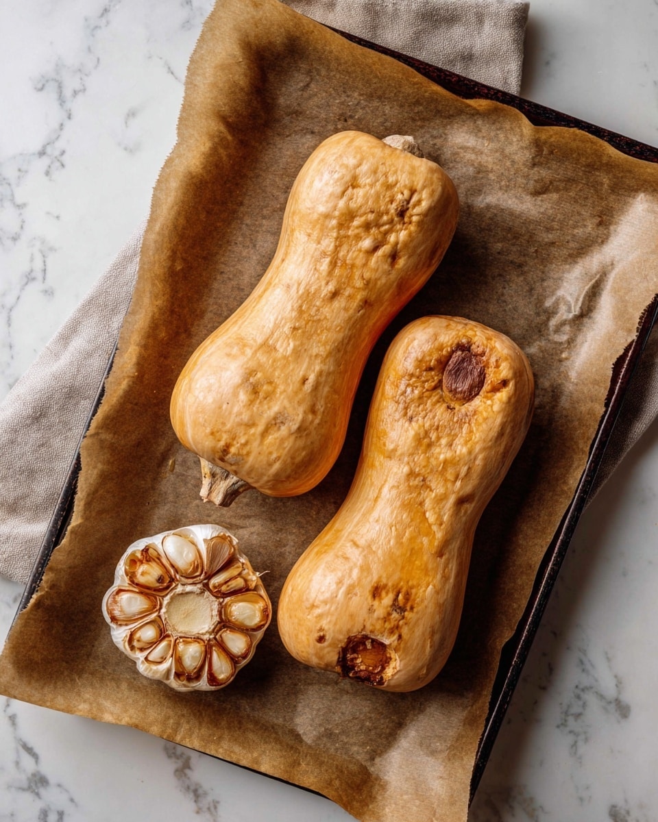 Two baked butternut squashes with wrinkled, golden skin show a few darker brown spots on top, lying side by side on a baking tray lined with browned parchment paper. Next to them is a roasted garlic head cut in half, revealing soft, light golden cloves arranged in a circular pattern. The tray rests on a white marbled surface. photo taken with an iphone --ar 4:5 --v 7