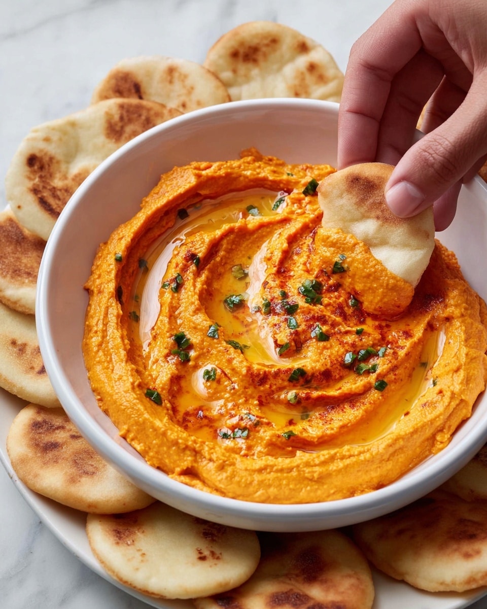 A white bowl filled with bright orange dip that has a thick, creamy texture and swirled surface with pools of golden oil. Small green herb pieces are sprinkled on top. A woman's hand is dipping a soft, golden-browned flatbread piece into the dip. The bowl sits on a white plate that holds more round, browned flatbreads around its edge. All is placed on a surface with a white marbled texture photo taken with an iphone --ar 4:5 --v 7