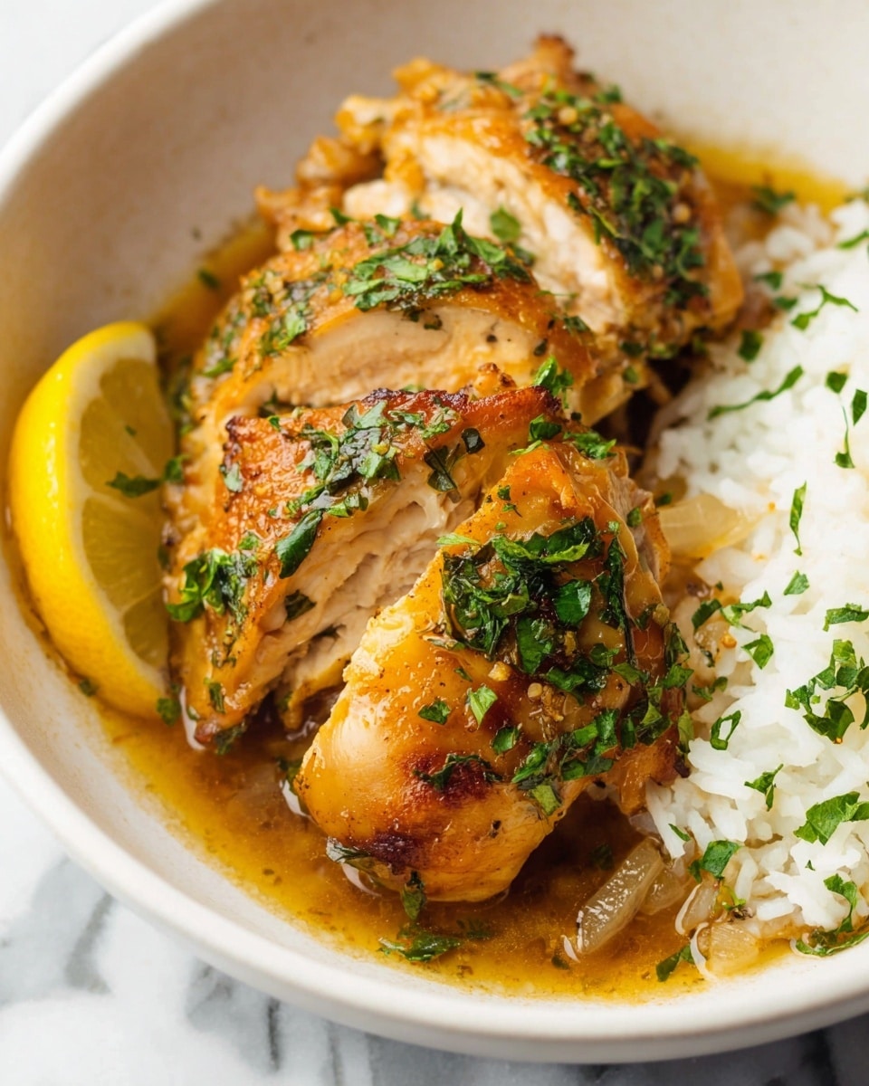 A close-up of a white bowl filled with three pieces of cooked golden brown chicken, garnished with chopped green herbs, resting on a bed of brown sauce with small onion pieces; a slice of yellow lemon with green herbs sits beside the chicken on the left, and on the right, there is a portion of white rice with a few green herbs sprinkled on top, all placed on a white marbled surface. photo taken with an iphone --ar 4:5 --v 7