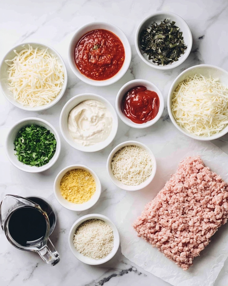 The image shows an overhead view of various ingredients laid out neatly on a white marbled surface. There are multiple small white bowls arranged mostly in a semicircle, each holding different contents: chopped green herbs, shredded white cheese, red paste, finely minced garlic, creamy white sauce, yellow seasoning, red sauce, small white grains, and a smaller bowl with dark leafy herbs. To the right, there is a block of light pink ground meat placed on white parchment paper. A clear small glass pitcher containing dark liquid stands beside the bowls. The colors contrast well against the white marbled background, creating a clean and organized look. photo taken with an iphone --ar 4:5 --v 7