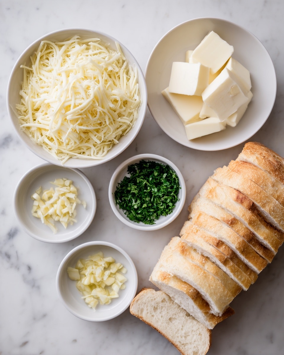A white bowl filled with shredded pale yellow cheese sits on the bottom left. Above it is a small white bowl with finely chopped bright green parsley. To the right of the parsley is a small white bowl with white butter slices arranged neatly. Below the butter bowl is a small white bowl with minced garlic, pale yellow in color. On the right side, a loaf of white bread is sliced into many pieces, some lying flat and some standing up, showing a soft inside texture. All items are placed on a white marbled surface. Photo taken with an iphone --ar 4:5 --v 7