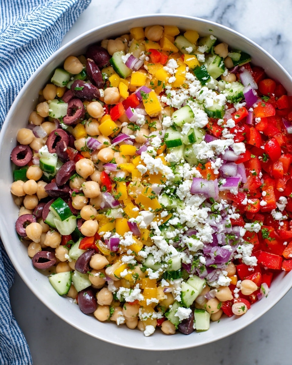 A large white bowl filled with a colorful bean salad. The salad has layers of chickpeas, white beans, and sliced black olives mixed with chopped red and yellow bell peppers, diced cucumbers, and small pieces of red onion. Crumbled white cheese is sprinkled on top, and finely chopped green herbs are scattered throughout. The bowl sits on a white marbled surface with part of a blue and white striped cloth visible in the background. photo taken with an iphone --ar 4:5 --v 7