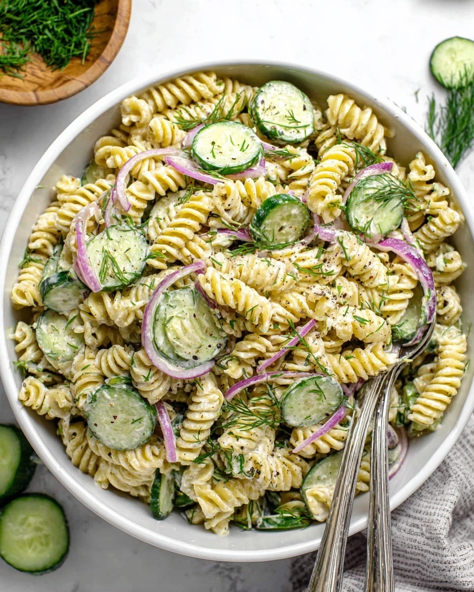 A white bowl filled with a creamy pasta salad made of light yellow spiral pasta, thin green cucumber slices, and thin purple onion slices mixed together. The salad is sprinkled with fresh green dill and specks of black pepper. The bowl sits on a white marbled surface, with two silver forks partially resting inside the bowl. A few cucumber slices and a wooden bowl with green herbs are placed nearby. Photo taken with an iphone --ar 4:5 --v 7