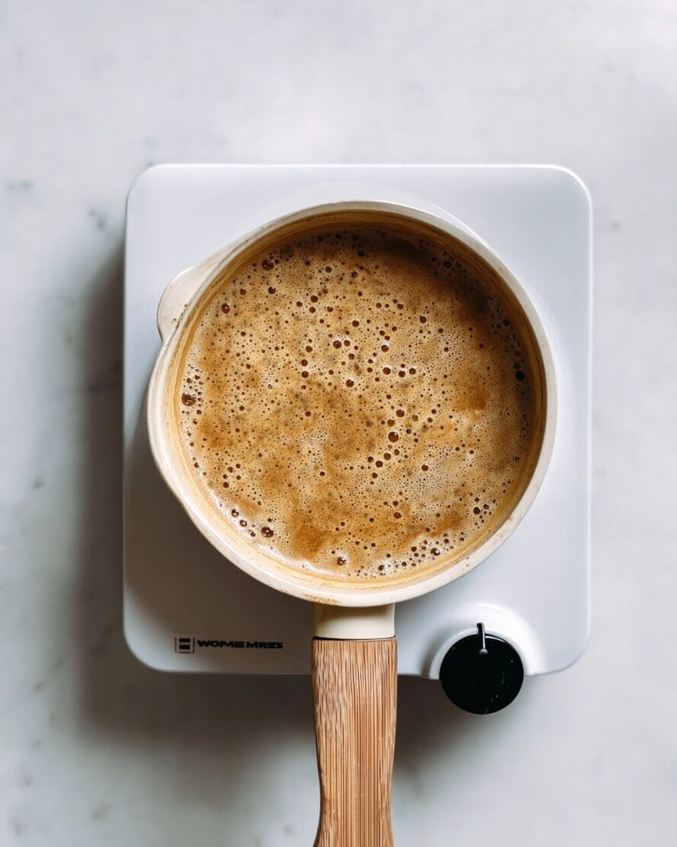 A top view of a small pan with a light wooden handle, filled with a frothy brown liquid that bubbles gently on top. The pan sits on a compact white electric stove with a single knob in the lower right corner. The background is a white marbled surface, adding a clean and bright setting to the image. photo taken with an iphone --ar 4:5 --v 7