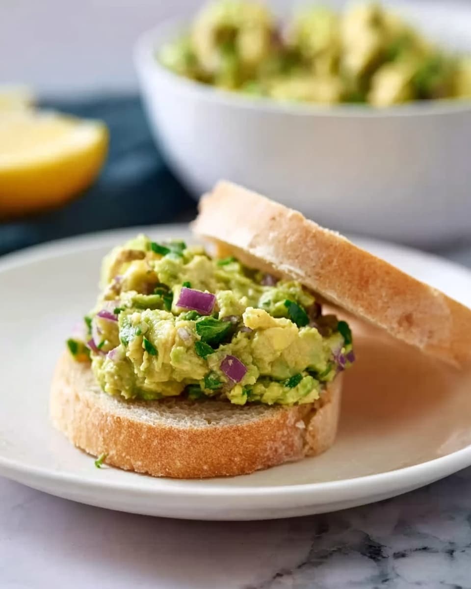 A white plate sits on a white marbled surface holding an open sandwich with two layers: the bottom layer is a soft, light brown open sandwich bun and on top is a thick scoop of green avocado mix with visible small pieces of purple onion and chopped green herbs, the top slice of bread rests behind the bottom in a slightly tilted position. In the blurred background, there is a white bowl filled with more of the avocado mix and a wedge of lemon. A woman's hand is not visible but implied. photo taken with an iphone --ar 4:5 --v 7