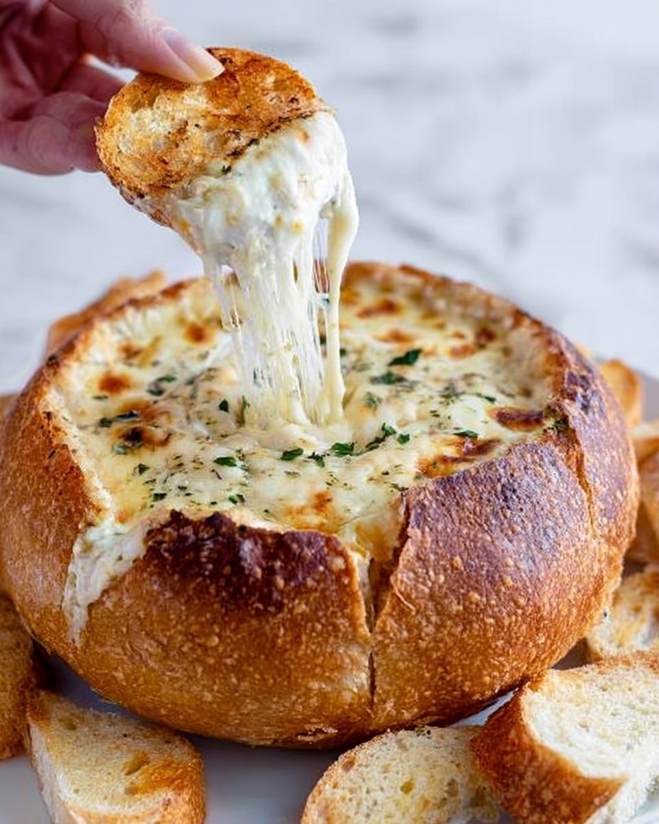 A large golden brown bread bowl filled with melted white cheese that has a smooth, creamy texture and some browned spots on top. The cheese looks stretchy as a piece of toasted white bread is lifted by a woman's hand from the bowl, pulling thin strands of cheese upwards. Small green herb sprigs are scattered on the melted cheese. Around the bread bowl are pieces of torn toasted white bread on a white plate, all placed on a white marbled surface. photo taken with an iphone --ar 4:5 --v 7