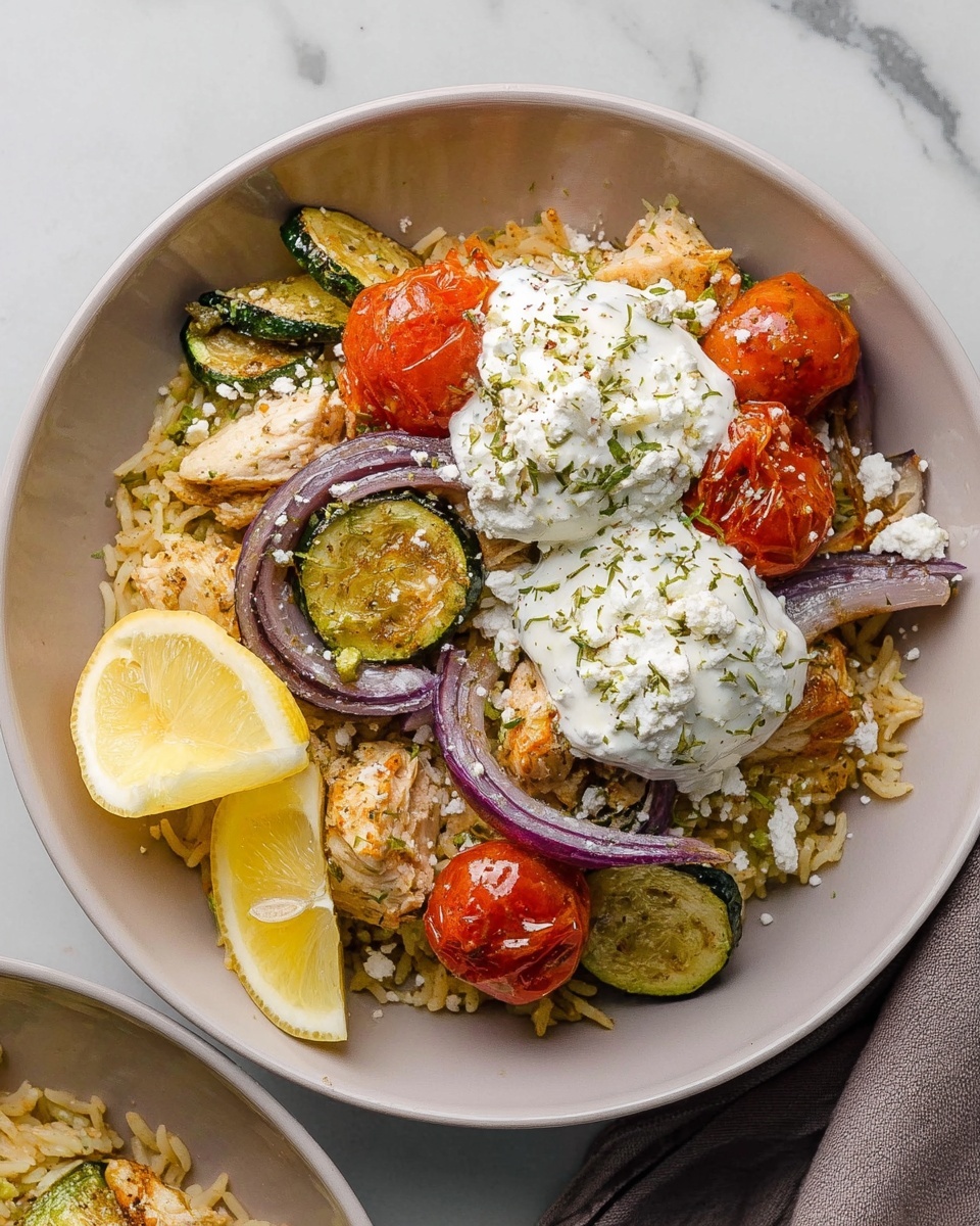 A white bowl filled with a layered dish starting with a base of light golden rice mixed with small green herb flecks, tender pieces of light brown chicken, bright green zucchini slices, and whole roasted red cherry tomatoes. On top are thin curved slices of purple onion and scattered white crumbled cheese, with two large dollops of creamy white yogurt sprinkled with green herbs. Two lemon wedges sit on the side of the bowl. The bowl is placed on a white marbled surface. photo taken with an iphone --ar 4:5 --v 7