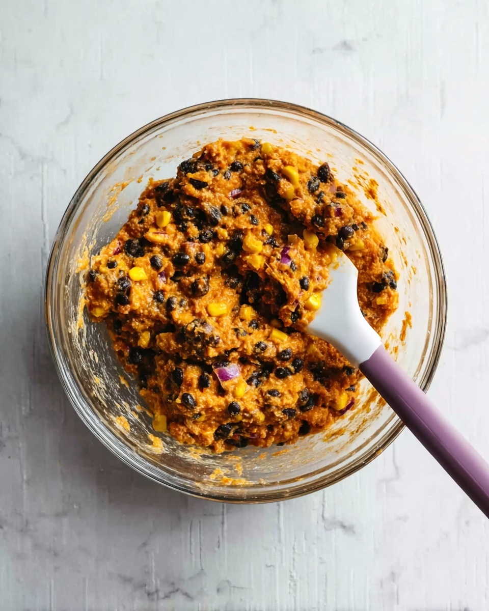 A clear glass bowl contains a chunky mixture with an orange base and black beans mixed throughout, along with bits of yellow corn and small pieces of red onion visible. A silicone spatula with a white head and purple handle is partially inserted into the bowl, resting against the side. The bowl sits on a surface with a white marbled texture. photo taken with an iphone --ar 4:5 --v 7