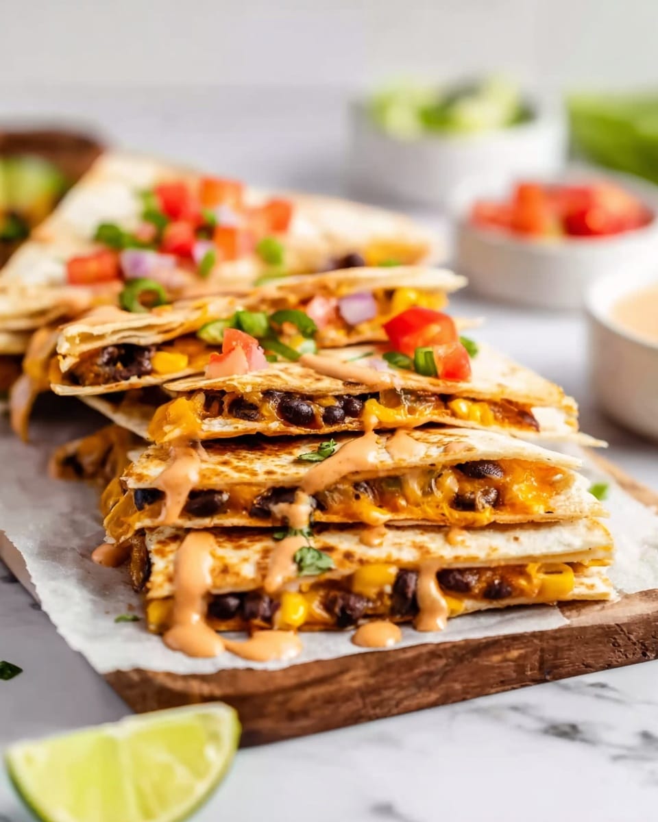 The image shows a wooden board on a white marbled surface holding several triangular quesadilla slices arranged in a layered stack. Each slice has a golden-brown light toasted tortilla with a visible filling made of black beans, corn, and shredded orange cheese that appears melted and creamy. On top of the quesadilla slices, there is a drizzle of a light orange sauce and small pieces of diced red tomatoes, green bell peppers, and red onions scattered for garnish. A fresh lime wedge is placed on the side near the quesadillas. In the background, blurred white bowls with additional ingredients are faintly visible. Photo taken with an iphone --ar 4:5 --v 7