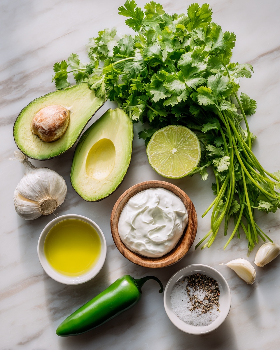 The image shows fresh ingredients neatly arranged on a white marbled surface. There is a bunch of green cilantro with leaves and stems, two halves of a green avocado with one showing the brown seed, a sliced lime with bright green flesh, and two cloves of white garlic near the cilantro. A small wooden bowl in the center holds a dollop of white sour cream with a soft, smooth texture. Nearby, two small white bowls contain pale yellow olive oil and a mix of salt and black pepper with a coarse texture. A whole green jalapeno sits near the lime. The lighting highlights the freshness and vibrant colors of the ingredients. photo taken with an iphone --ar 4:5 --v 7