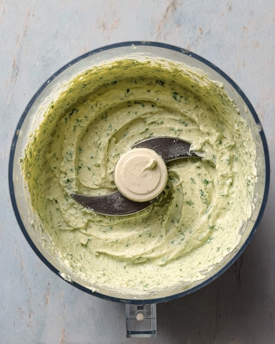 The image shows a clear food processor bowl filled with a thick, creamy pale green mixture that has small green herb bits spread evenly throughout. The sharp metal blade sits in the center, partially covered by the mixture. The bowl is placed on a white marbled surface. The overall texture looks smooth but a bit chunky from the herbs. photo taken with an iphone --ar 4:5 --v 7