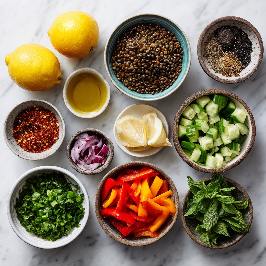 A white plate with a blue pattern holds a lentil salad layered with green lentils as the base, topped with halved red and yellow cherry tomatoes for bright pops of color. Slices of cucumber are placed along the edge of the plate. Scattered among the lentils are black and green olives, with small chunks of white feta cheese sprinkled on top. Fresh green parsley leaves are mixed throughout for a touch of greenery. The background is a white marbled surface. Photo taken with an iphone --ar 4:5 --v 7