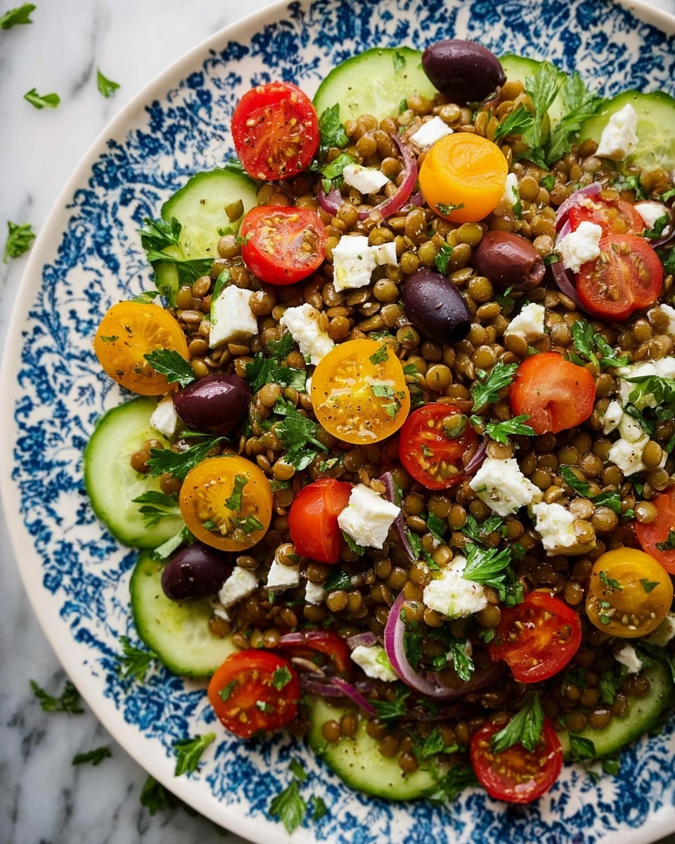 The dish is a close-up view of a lentil salad served on a white plate, placed on a white marbled surface. The salad has three main layers: a base of brown lentils showing a smooth and slightly shiny texture, mixed with chopped red tomatoes scattered throughout, some cut in halves with visible seeds and juicy texture. Bright green cucumber slices with a fresh, slightly translucent face and dark skin are placed on top and around the lentils. There are thin rings of light purple onion layered across the dish, adding a crisp texture. Whole black and green olives are distributed evenly, each with a shiny surface. Small white cubes of soft cheese are sprinkled across the salad. Fresh green parsley leaves add a leafy texture and decorate the edges of the plate. The overall look is colorful with green, purple, red, brown, and white hues in a fresh and textured mix. photo taken with an iphone --ar 4:5 --v 7