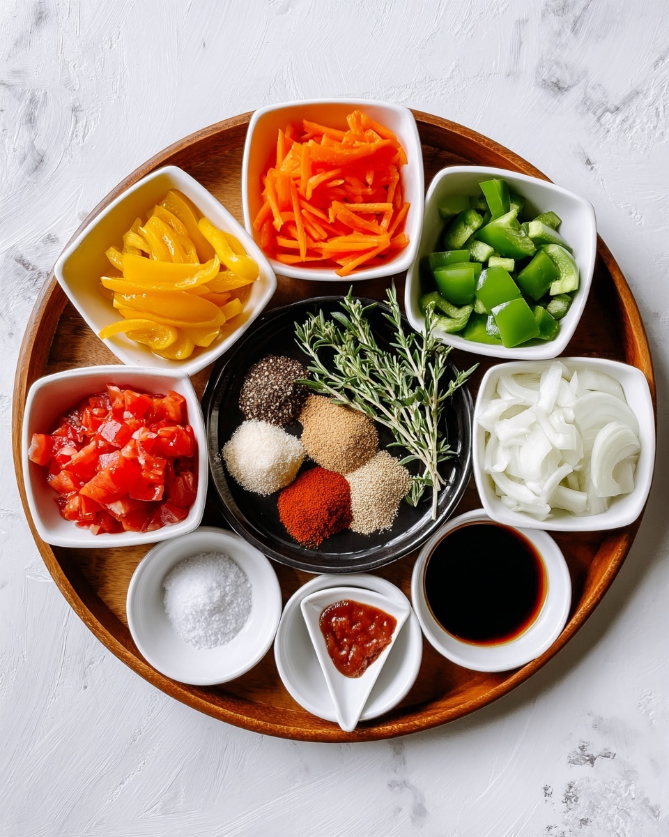 A round wooden tray holds a variety of small white bowls and plates arranged neatly on a white marbled surface. There are nine containers in total: yellow bell pepper strips in a square bowl at the top left, thin carrot slices in a square bowl next to it, and green bell pepper chunks in a square bowl below the yellow peppers. Below the green peppers is a square bowl with chopped red tomatoes, and next to it is a square bowl with white onion slices. In the center is a small black round plate with six piles of spices in different colors, including brown, red, white, and beige, placed alongside fresh green herb sprigs. On the right side, three small white round plates hold white powder, red sauce, and minced garlic. A small white triangular dish with dark soy sauce is placed at the bottom center. Photo taken with an iphone --ar 4:5 --v 7