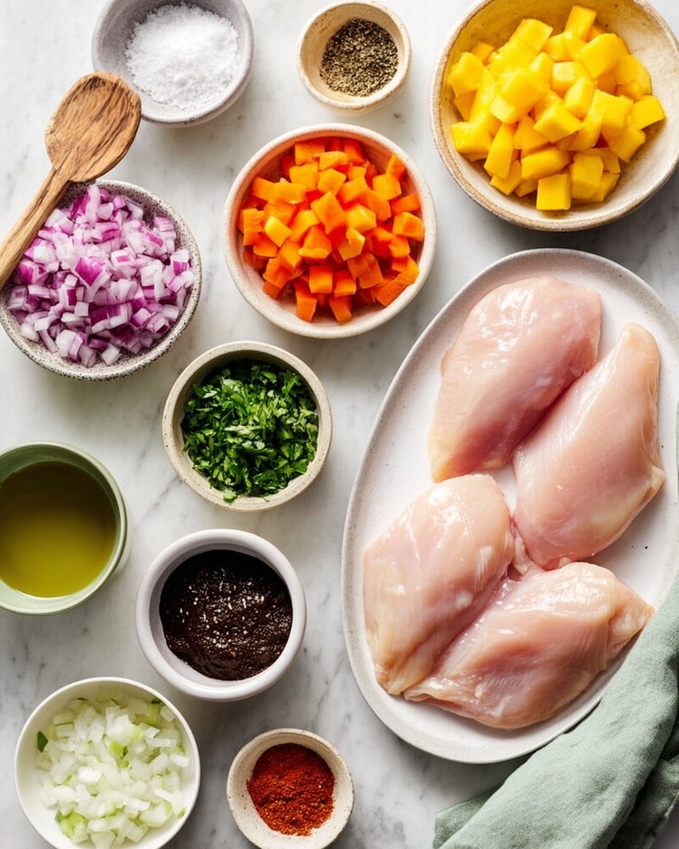 The image shows a white oval plate on the right side holding three raw, pale pink chicken pieces with smooth texture. Surrounding the plate are several small white bowls arranged on a white marbled surface: one bowl with small cubes of bright orange carrots near the top center, another with yellow mango cubes at the top right, a bowl of finely chopped red onions just left of the carrots, a bowl with deep green chopped herbs near the top left, and one with a dark brown paste below the red onions. Near the bottom left, small bowls contain light green liquid and a mixture of white salt and black pepper. There is a bowl with finely chopped white onions at the bottom right. In the center, a small white bowl holds bright green zest, and a bowl with separate portions of white salt with a wooden spoon on top, next to a bowl with red and brown powders and a wooden spoon. The overall scene is bright and clean. Photo taken with an iphone --ar 4:5 --v 7