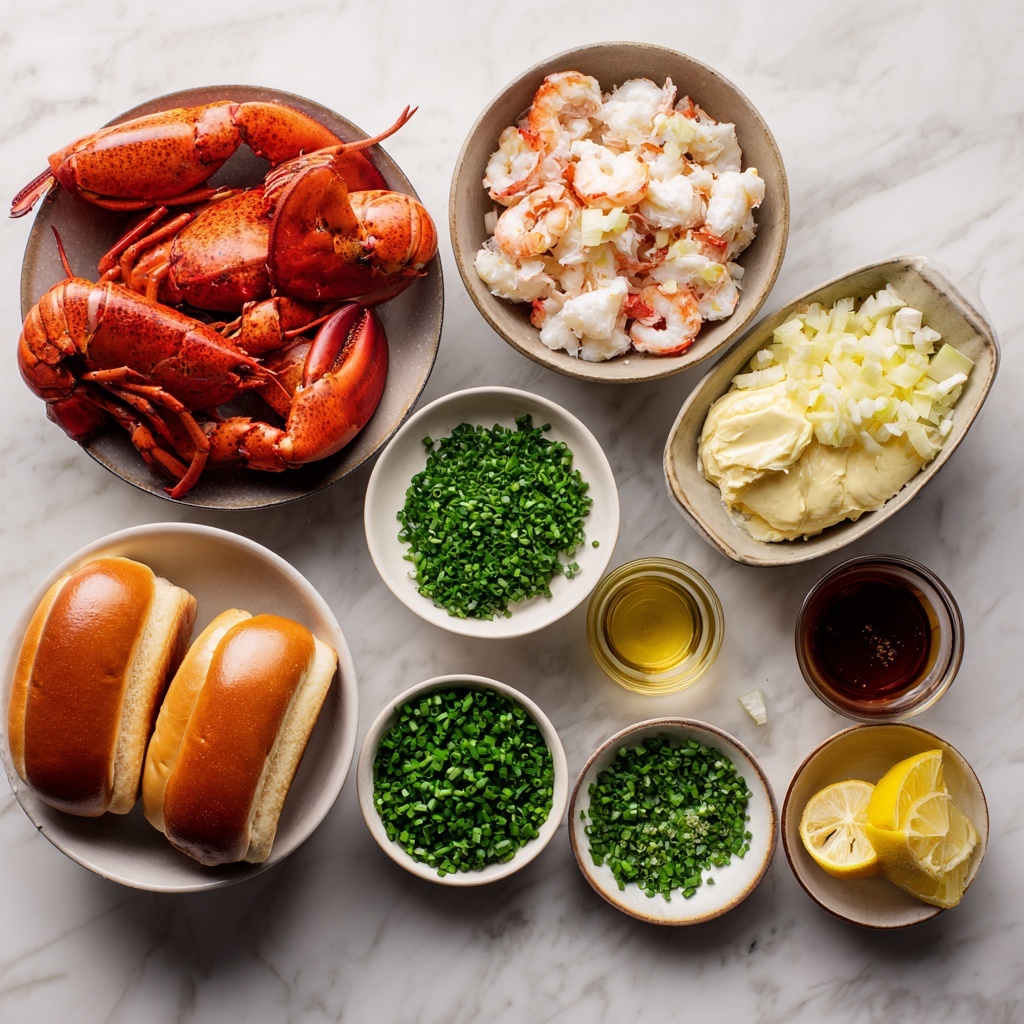 A close-up image of three lobster rolls on a white plate with a white marbled background. Each roll is a soft, light brown sandwich bun cut open horizontally and filled with vibrant red and white lobster meat chunks. Bright green chopped chives are sprinkled on top. One lobster roll in the center has a yellow lemon wedge placed on the lobster meat. Additional lemon wedges are visible on the side of the plate. Photo taken with an iphone --ar 4:5 --v 7