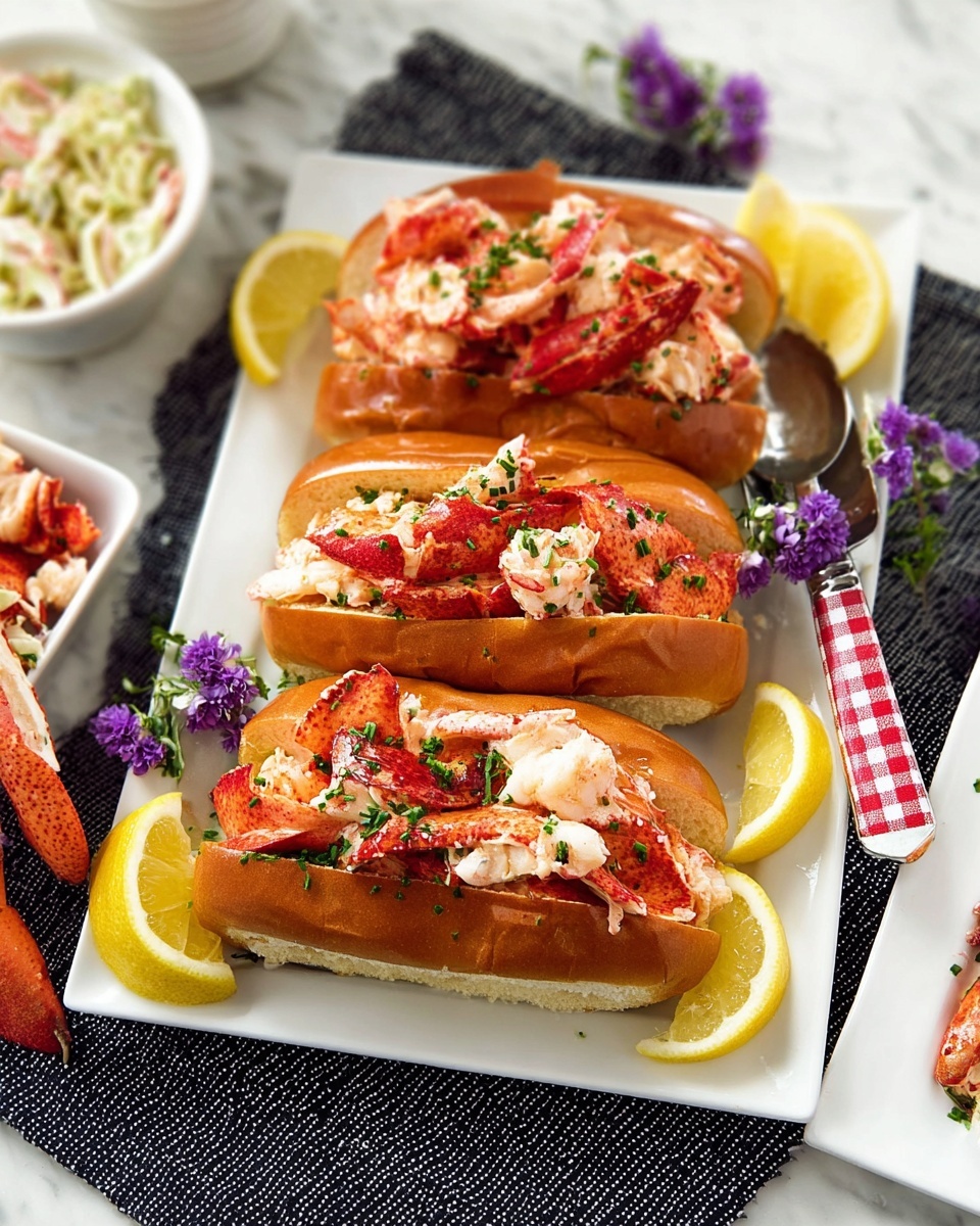 A white rectangular plate on a white marbled surface holds two lobster rolls. Each roll has a soft, light brown bun filled with bright red lobster meat layered generously and topped with small green herb pieces. Between the two rolls is a wedge of lemon, with more lemon wedges arranged around the plate’s edge. Behind the plate, a blue patterned bowl holds golden yellow wavy potato chips, and a white bowl contains a creamy coleslaw with tiny orange bits. The scene is decorated with small purple flowers, and a spoon with a red and white checkered handle rests near the coleslaw. photo taken with an iphone --ar 4:5 --v 7