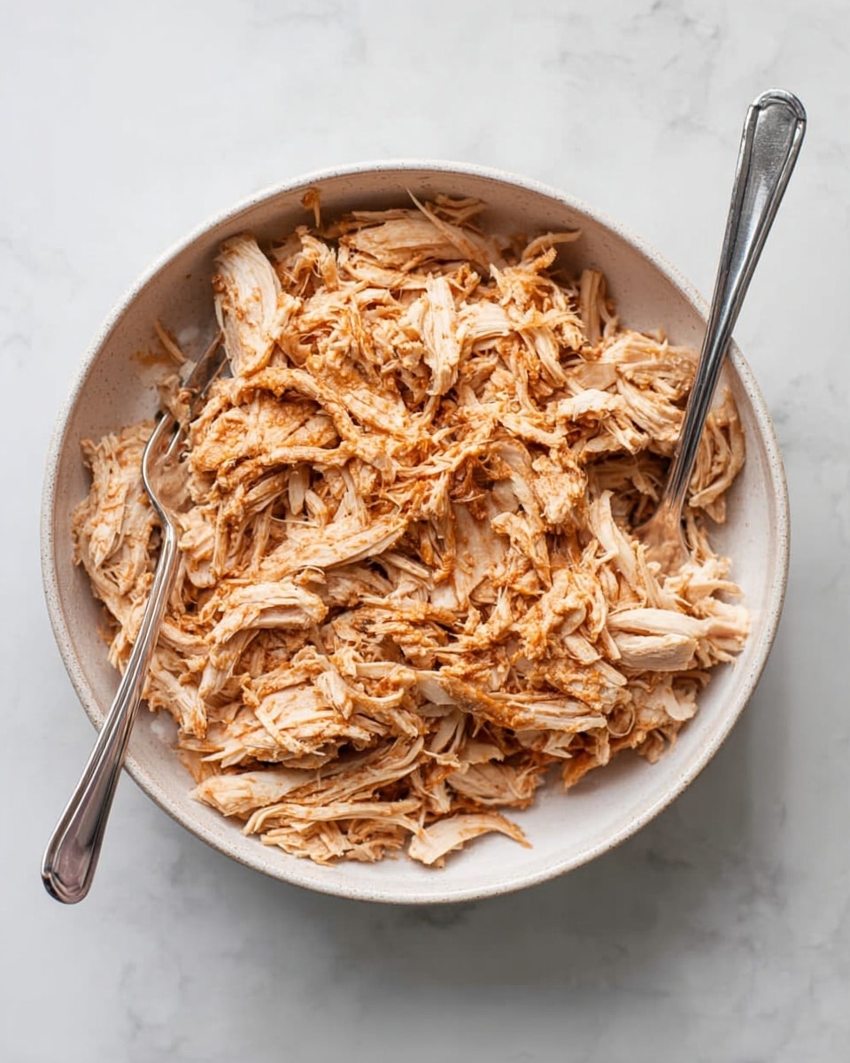 A round white bowl filled with shredded cooked chicken pieces that have a mix of light brown and slightly darker brown color, showing a fibrous texture throughout. Two silver forks rest inside the bowl, one on the left side partly mixed with the chicken and the other on the right leaning against the edge. The bowl sits on a white marbled surface. Photo taken with an iphone --ar 4:5 --v 7