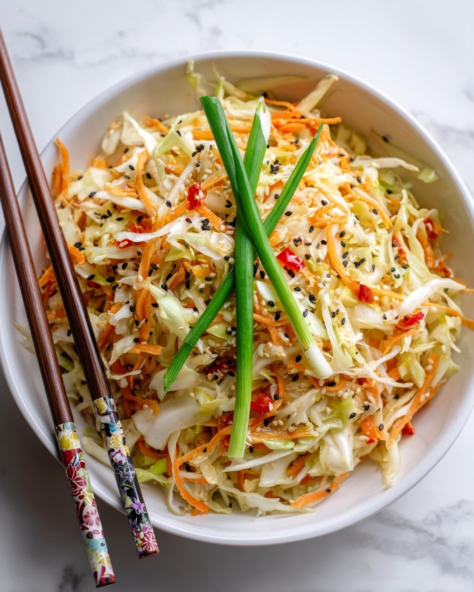 A bowl filled with a salad made of thin, long shredded layers of white and orange vegetables, likely cabbage and carrots, mixed with light green strips and small pieces of red peppers. The salad is topped with small black and white sesame seeds and sliced green onions scattered on top. Three green onion stalks stand in the center of the bowl, adding height. The bowl is white and has a smooth texture, placed on a white marbled surface. Two decorative chopsticks with colorful designs rest on the bowl's edge. photo taken with an iphone --ar 4:5 --v 7