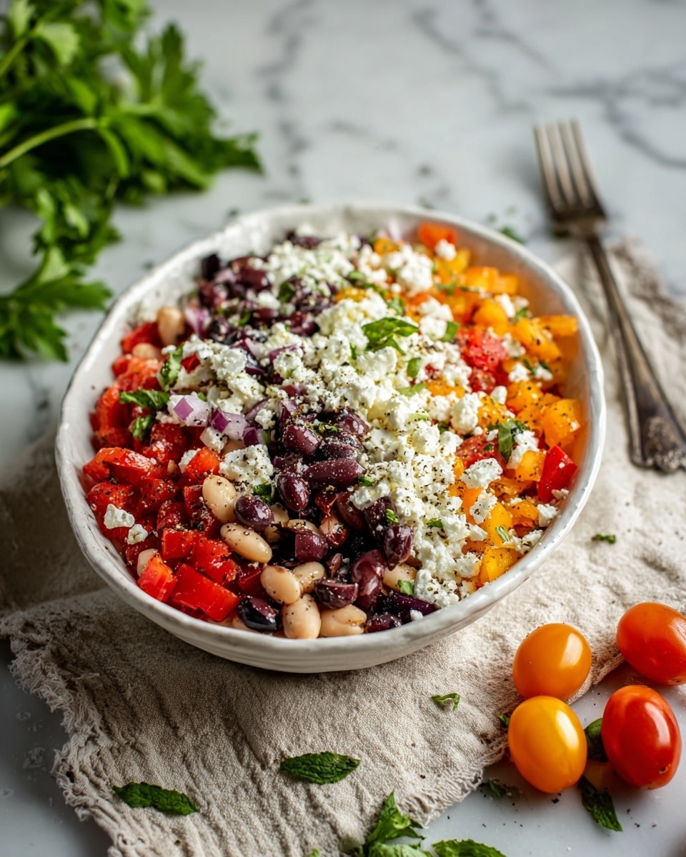 A white oval bowl filled with a colorful salad made of three main layers: the bottom layer has white and dark red beans mixed with bright orange bell pepper pieces, the middle layer shows chopped red tomatoes and dark purple olives, and the top layer is scattered with small white crumbled cheese and green herb leaves, all lightly sprinkled with black pepper. The bowl sits on a beige cloth on a white marbled surface, with fresh green herbs and a small bunch of red-orange cherry tomatoes on the side. A blurred fork lies behind the bowl, adding a casual feel to the setting. Photo taken with an iphone --ar 4:5 --v 7