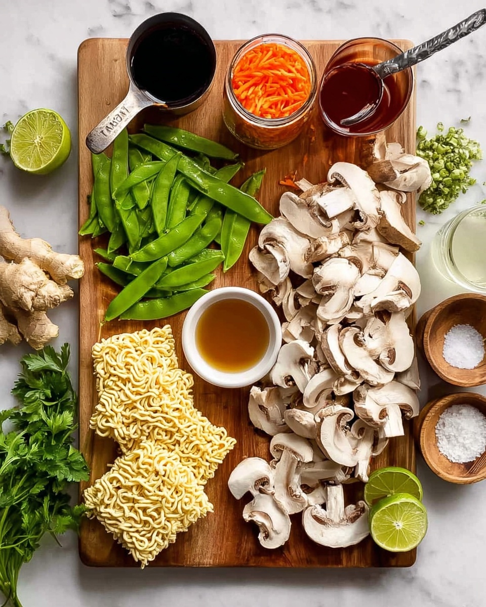 The image shows a wooden cutting board placed on a white marbled surface with arranged ingredients: on the top right are many sliced white and brown mushrooms, below them is a pile of finely chopped garlic, next to it a small white bowl with light brown liquid, and beside that some finely grated ginger. To the left of the garlic are fresh green snap peas in a loose pile, above which are fresh lime wedges and small jars with sauces, one light golden and one dark red. To the left of the snap peas is a metal measuring cup filled with shredded orange carrots. At the bottom left corner of the cutting board are two blocks of dry yellowish instant noodles. Below the cutting board on the white marbled surface are fresh green parsley sprigs, a small brown bowl with salt, and a glass jar with a white liquid. Photo taken with an iphone --ar 4:5 --v 7