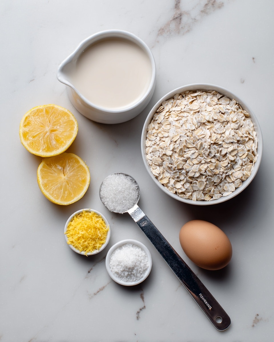 The image shows ingredients for a recipe laid out on a white marbled surface. There is a white bowl filled halfway with oats at the top right, and another white bowl at the top left filled halfway with a light beige liquid labeled milk. Below these bowls, a silver measuring spoon with a black handle holds a white granulated substance labeled sweetener. Next to it is a smaller spoon with a bright yellow finely grated lemon zest. Below these spoons is another small spoon of white baking powder. At the center of the layout is a brown egg. On the left side, two lemon halves with bright yellow flesh and textured rind are placed close together, one above the other, labeled lemon juice. Photo taken with an iphone --ar 4:5 --v 7