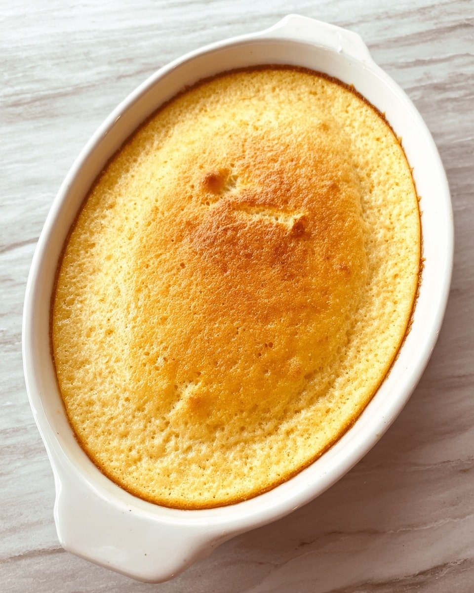A golden brown baked dish in an oval white ceramic container with two small handles on the sides. The top layer is smooth with a slight dome shape, showing a soft gradient from a light beige center to a deeper golden edge. The texture of the surface is slightly cracked in small spots, indicating its light and fluffy interior. The dish sits on a white marbled surface, creating a clean and bright background. photo taken with an iphone --ar 4:5 --v 7