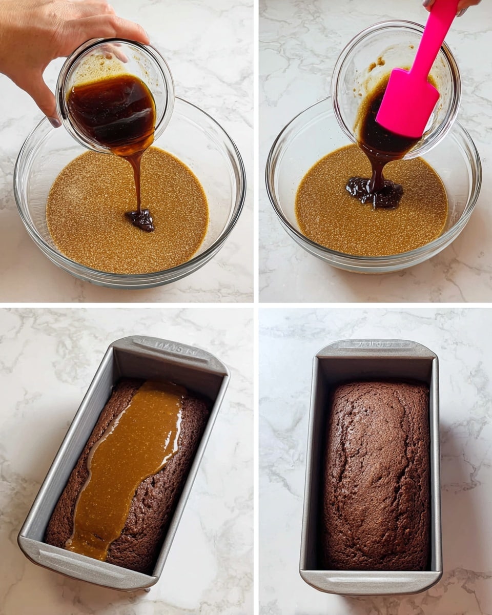 A clear glass bowl sits on a white marbled surface filled with a light brown, slightly grainy batter. A woman's hand holds a smaller glass bowl pouring a dark brown syrup into the batter while a pink silicone spatula rests inside the mixture. In the next frame, the batter is fully mixed to a smooth dark brown, with the same pink spatula inside the bowl. The third frame shows the dark brown batter poured evenly into a silver metal loaf pan placed on the same white marbled surface. The final frame reveals a dark brown baked loaf inside the same metal pan, showing a slightly cracked top and moist texture. Photo taken with an iphone --ar 4:5 --v 7