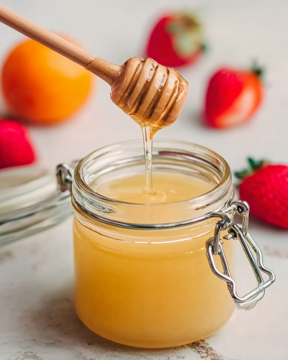 The image shows a clear glass jar filled with thick, light yellow honey. A honey dipper made of wood is lifted above the jar, with honey slowly dripping from it back into the jar. The jar's metal clasp and lid are open and resting on the white marbled surface. In the background, there are some bright red strawberries and an orange fruit, slightly blurred to keep focus on the jar and honey dipper. photo taken with an iphone --ar 4:5 --v 7