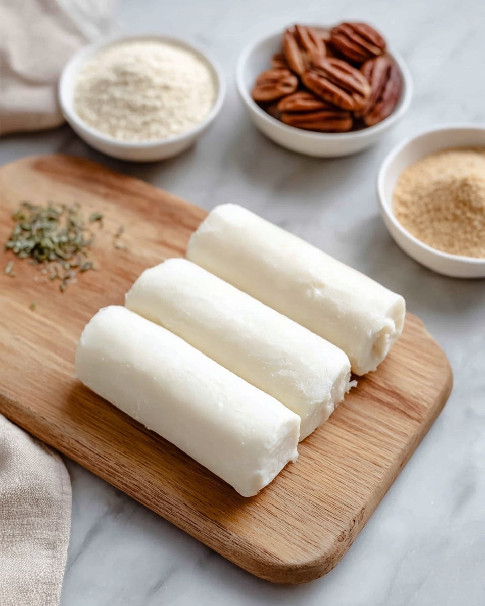 The image shows three white creamy logs placed on a light wooden cutting board in a row, with smooth and soft textures. Behind the cutting board on a white marbled surface, there are three small white bowls: one filled with beige grains or flour, another with brown pecan nuts, and a third containing a light brown powder with some green herbs on top. The overall setting is neat and simple, focusing on the fresh, soft white logs and the bowls of natural ingredients around them. Photo taken with an iphone --ar 4:5 --v 7