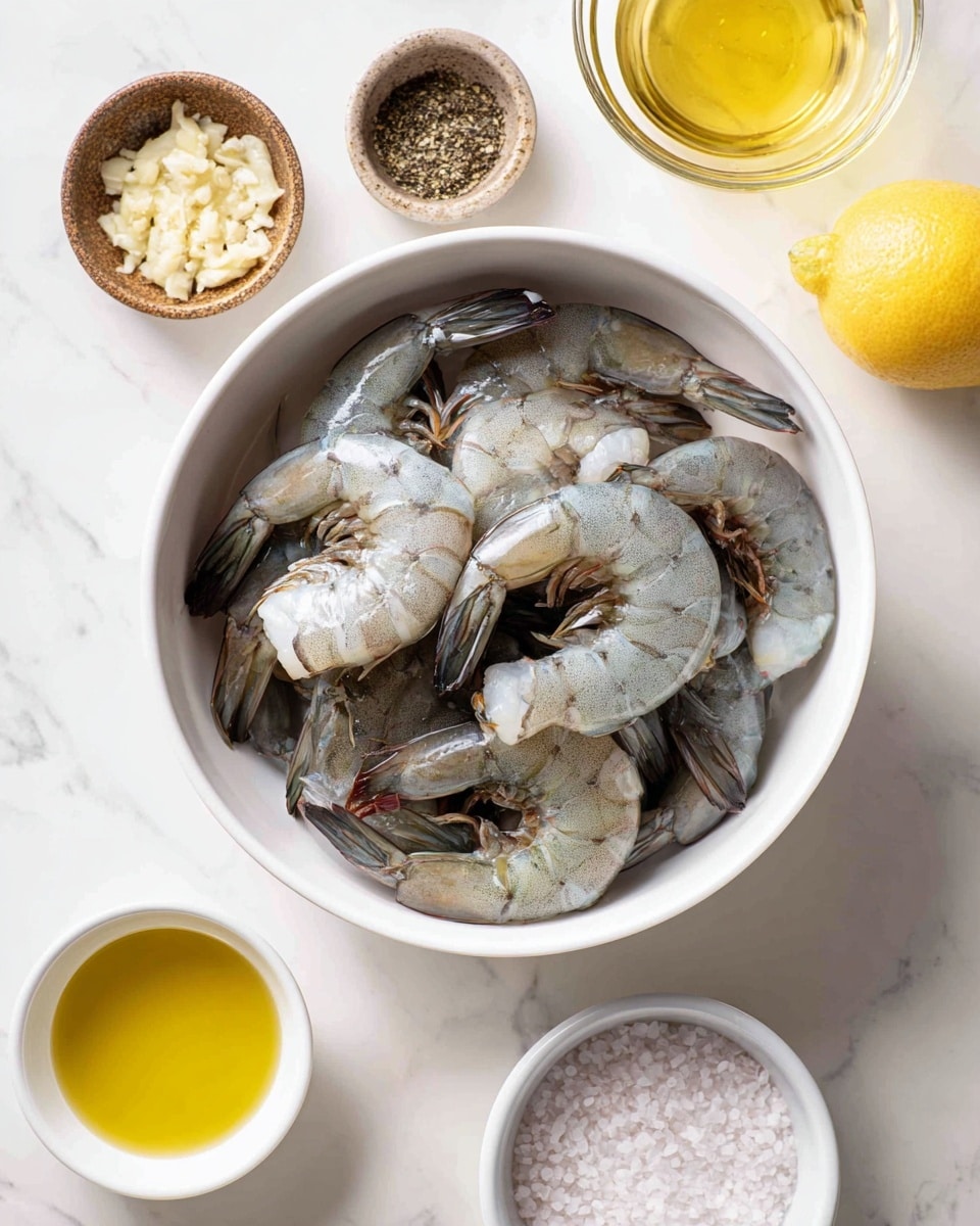 A white bowl filled with several raw shrimp, each shrimp showing gray and white colors with visible tails, sits in the center on a white marbled surface. Surrounding the bowl are small containers of ingredients: to the top left, a small bowl with light beige minced garlic, above that a small brown bowl with finely ground black pepper, and to the top right, a clear glass container with pale yellow lemon juice. Below the shrimp bowl, there's a small white bowl of sea salt with a grainy texture and a small white bowl with golden olive oil. The setup is neatly arranged and has a clean, simple look. Photo taken with an iphone --ar 4:5 --v 7