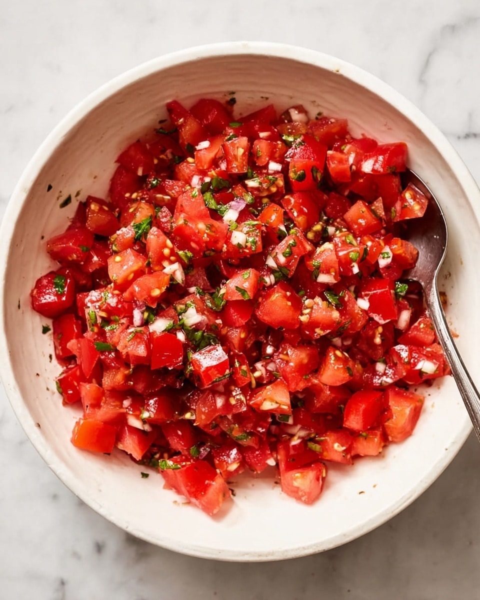 The image shows a white bowl filled with a bright red tomato salad. The tomatoes are chopped into small, uneven pieces, with a few bits of green herbs mixed in. Tiny white pieces, likely garlic, are scattered throughout the salad, adding texture. The tomatoes look fresh with a slightly shiny, juicy surface. There is a silver spoon partly visible inside the bowl on the right side. The bowl sits on a white marbled surface. photo taken with an iphone --ar 4:5 --v 7