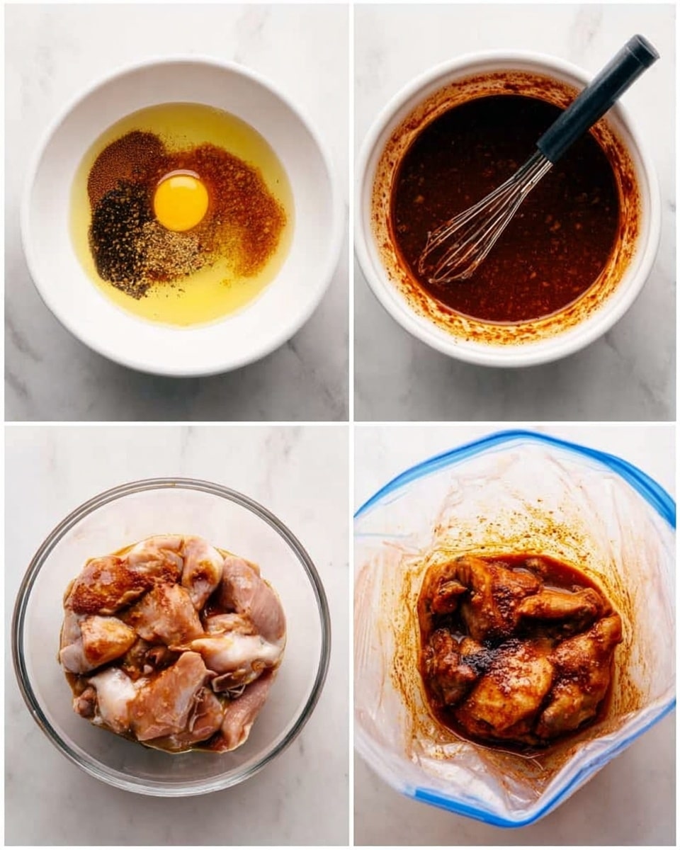 The first image shows a white bowl filled with different ingredients layered separately: a pale yellow mustard-like liquid at the bottom with darker brown and black spices on top, and a raw egg yolk near the center. The second image is of the same white bowl, now filled with a smooth dark reddish-brown sauce mixed evenly, with a small black whisk partially inside the bowl. The third image shows a white bowl filled with raw chicken pieces soaking in the thick dark reddish-brown sauce, the chicken covered well and sitting close together. The fourth image is of a clear plastic bag with a blue zipper filled with raw chicken pieces and the dark sauce, the chicken fully coated and marinated inside the bag. All bowls and bags are placed on a white marbled surface. photo taken with an iphone --ar 4:5 --v 7
