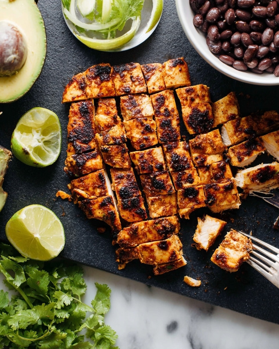 The image shows a black cutting board on a white marbled surface with grilled chicken sliced into small square pieces. The chicken has a golden-brown color with dark char marks and a slightly crispy texture. On the left, there is a halved avocado showing its green inside, and a lime wedge with a bright green color. Fresh green cilantro leaves are placed near the bottom left corner, and part of a white bowl filled with dark brown beans is visible at the top right. A silver fork is at the bottom right, lifting some chicken pieces. Photo taken with an iphone --ar 4:5 --v 7