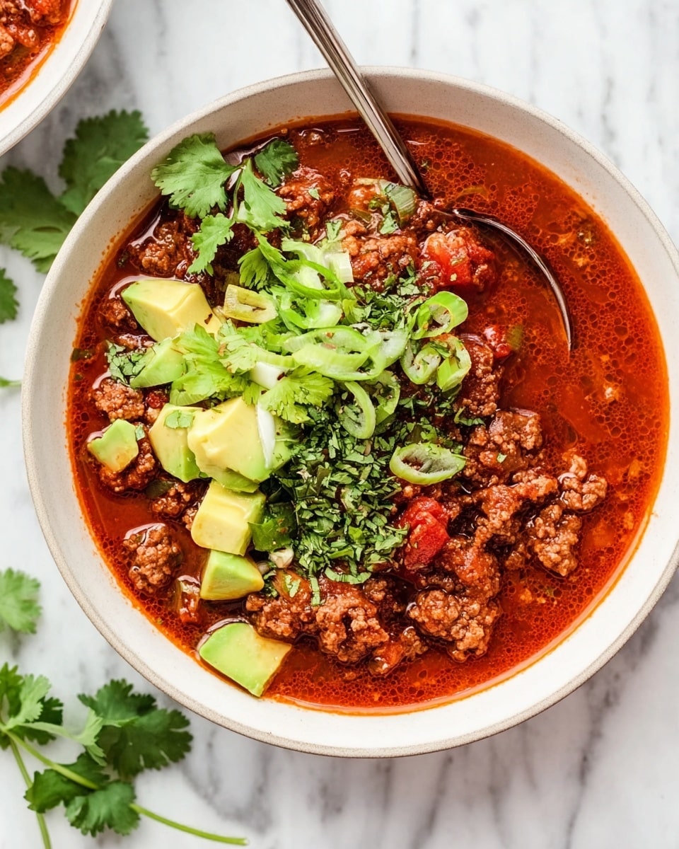 A shallow white bowl contains a rich red chili base filled with cooked ground beef chunks mixed with visible pieces of tomato and spices. On top, there are bright green slices of fresh scallions, medium yellow-green chunks of avocado, and scattered dark green cilantro leaves creating a fresh garnish. The bowl is set on a white marbled surface, and a silver spoon rests inside the bowl, slightly submerged in the chili, ready to scoop. Fresh cilantro sprigs are also placed nearby on the surface. Photo taken with an iphone --ar 4:5 --v 7