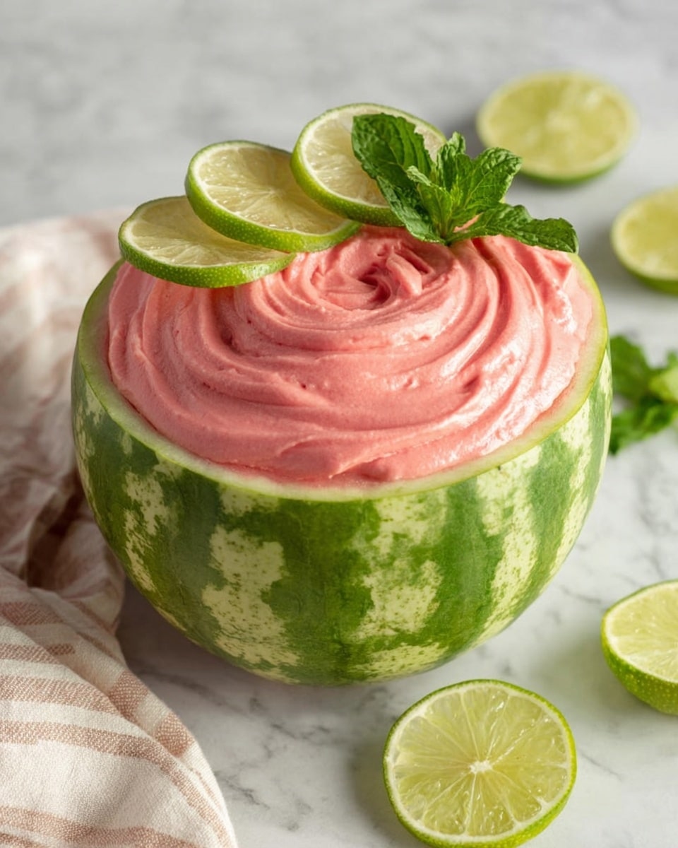 A hollowed watermelon serves as the container, showing its green striped outer skin as the bottom layer. Inside the hollow watermelon is a thick, smooth pink watermelon mousse filling it to the top, with a creamy and slightly glossy texture. The mousse has a gentle swirl pattern on the surface. On top of the mousse, there are three thin lime slices arranged in a fan shape, and next to them is a small cluster of fresh, bright green mint leaves. Around the watermelon, some lime wedges with a light green, juicy inside and a thin white rind are scattered on a white marbled surface. A beige and white striped cloth is partially visible at the bottom left corner. Photo taken with an iphone --ar 4:5 --v 7